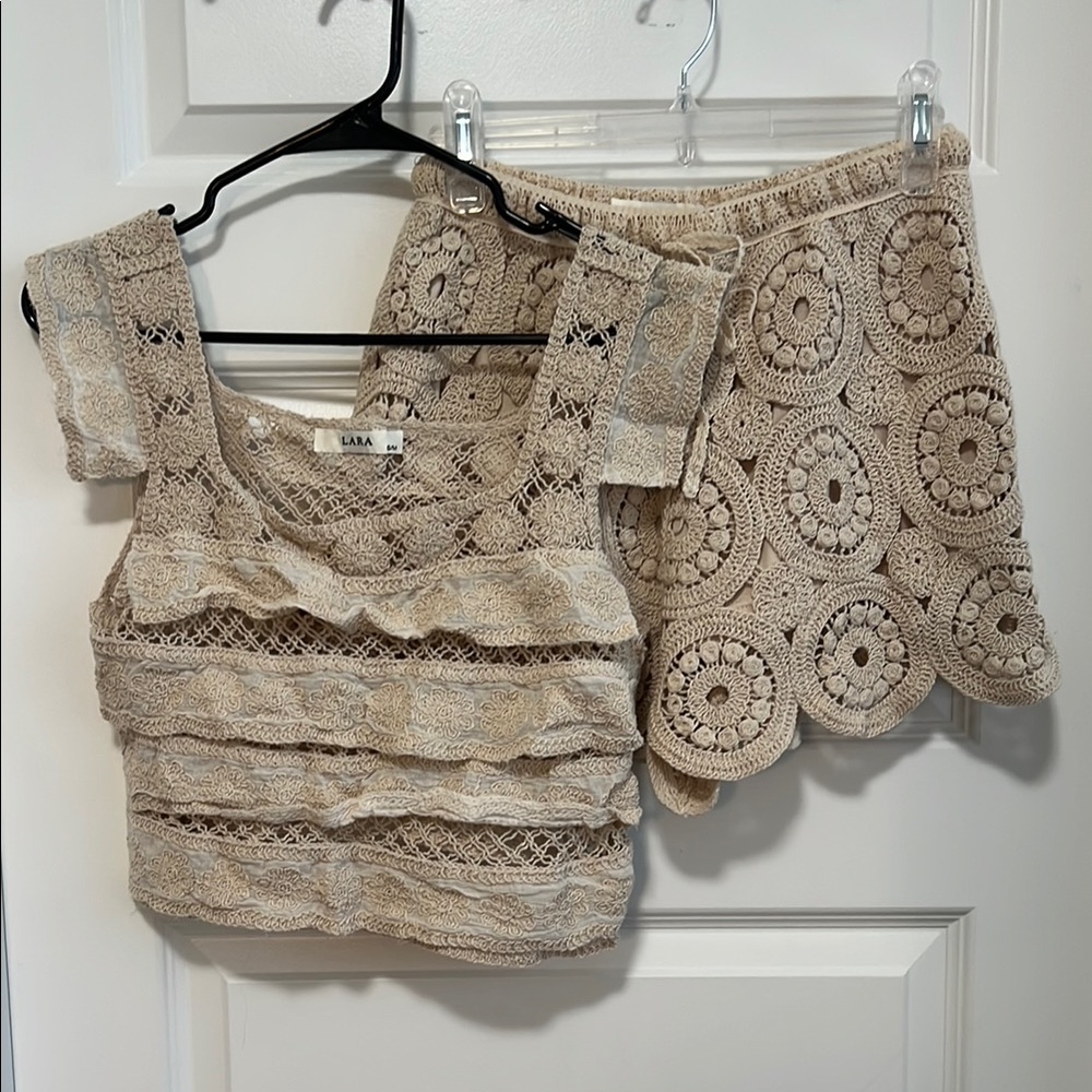 Beige Crochet Top and Shorts Set